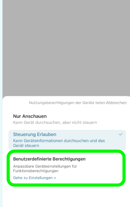 PetTec App: Benutzerdefinierte Berechtigungen grün markiert, darunter Gehe zu Einstellungen