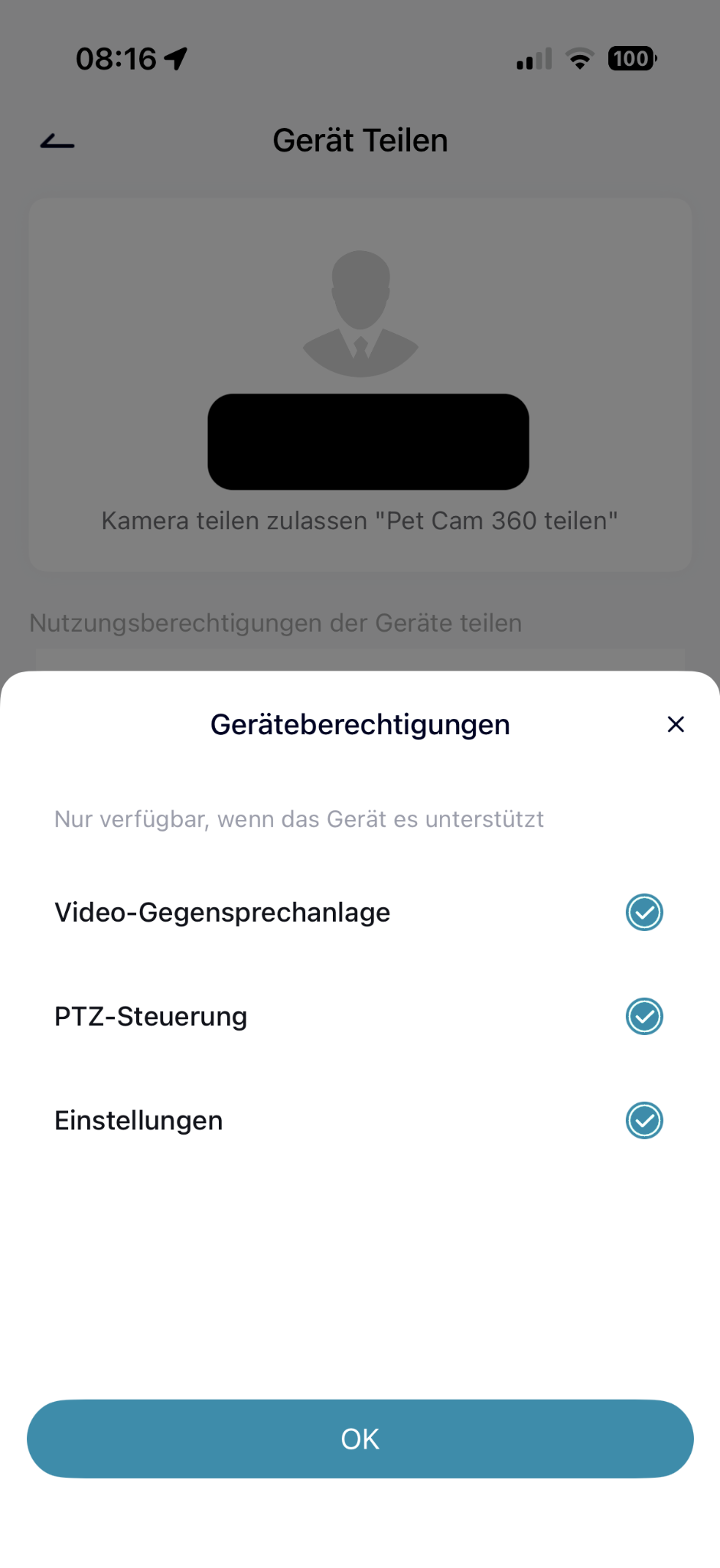 PetTec App: Video-Gegensprechanlage, PTZ-Steuerung und Einstellungen aktiviert; Bestätigung mit OK