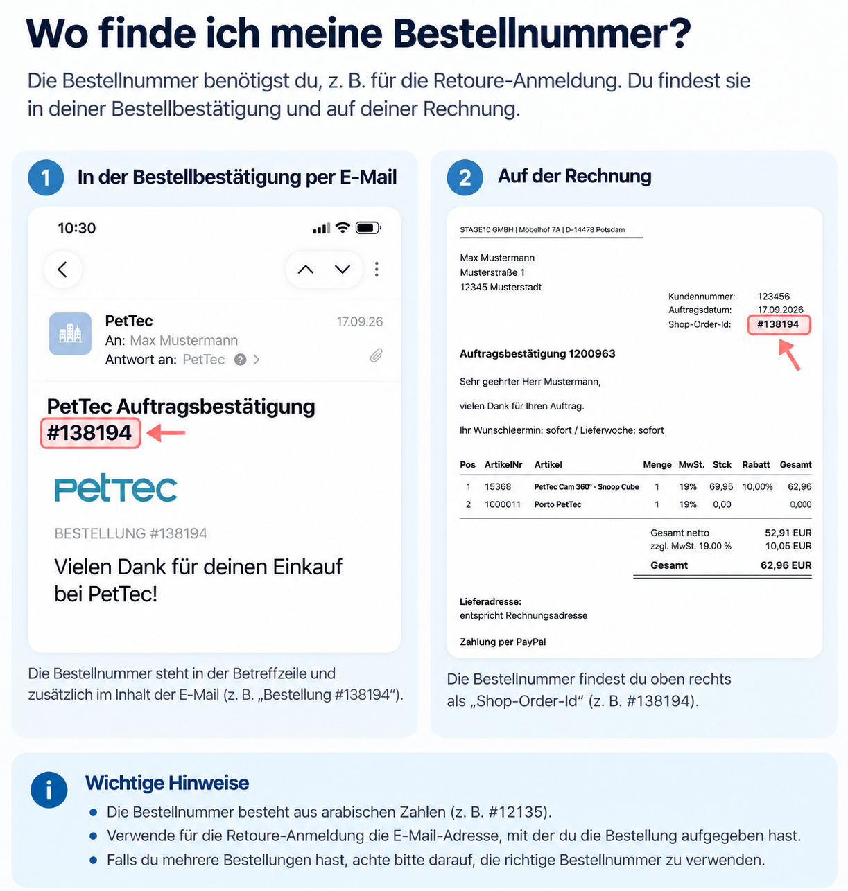 Anonymisierte Beispiele: PetTec Bestellnummer in der Bestellbestätigungs-E-Mail und als Shop-Order-ID auf der Rechnung oder Auftragsbestätigung.