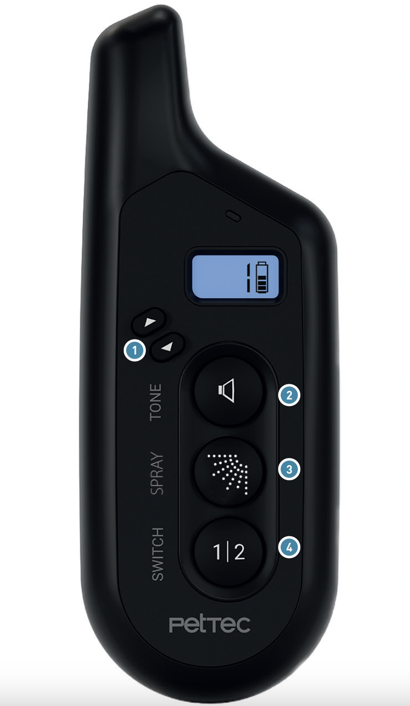 Remote Spray 4.0: Zum Koppeln Ton-Taste 2 und Spray-Taste 3 halten; Kanalwahl mit Taste 4.