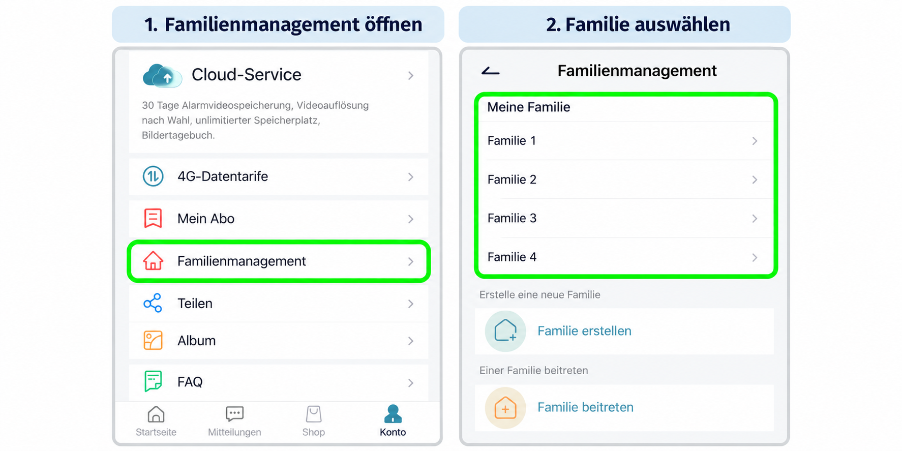 PetTec App: Konto – Familienmanagement öffnen und eine Familie auswählen; neutrale Beispielnamen