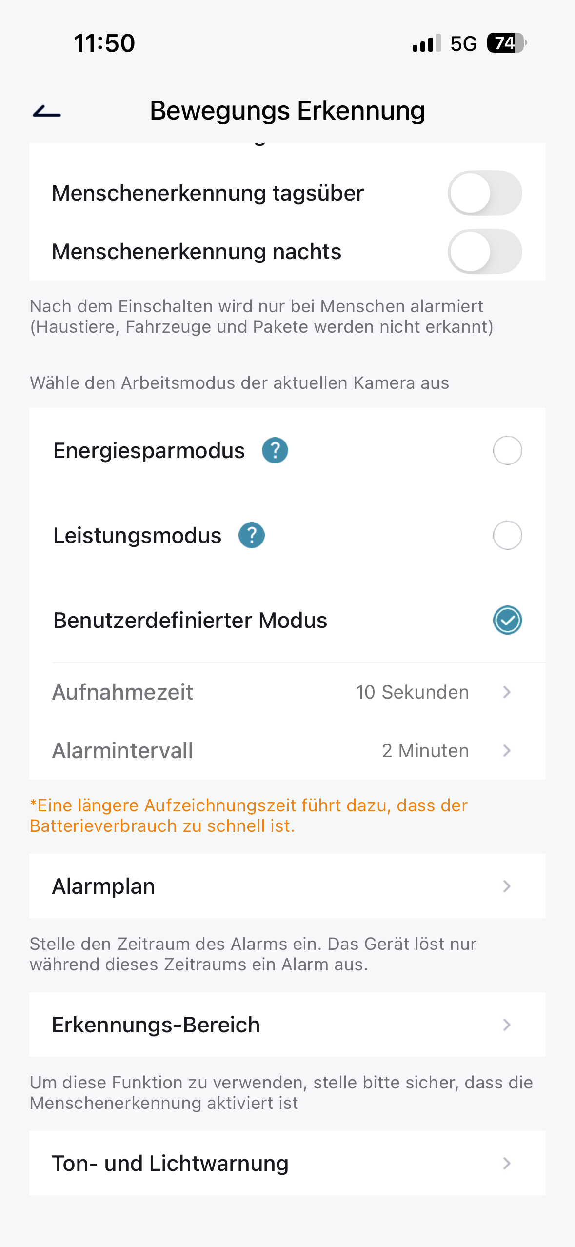 Free 4G: Benutzerdefinierter Modus, Aufnahmezeit 10 Sekunden, Alarmintervall 2 Minuten, Alarmplan und Erkennungs-Bereich.