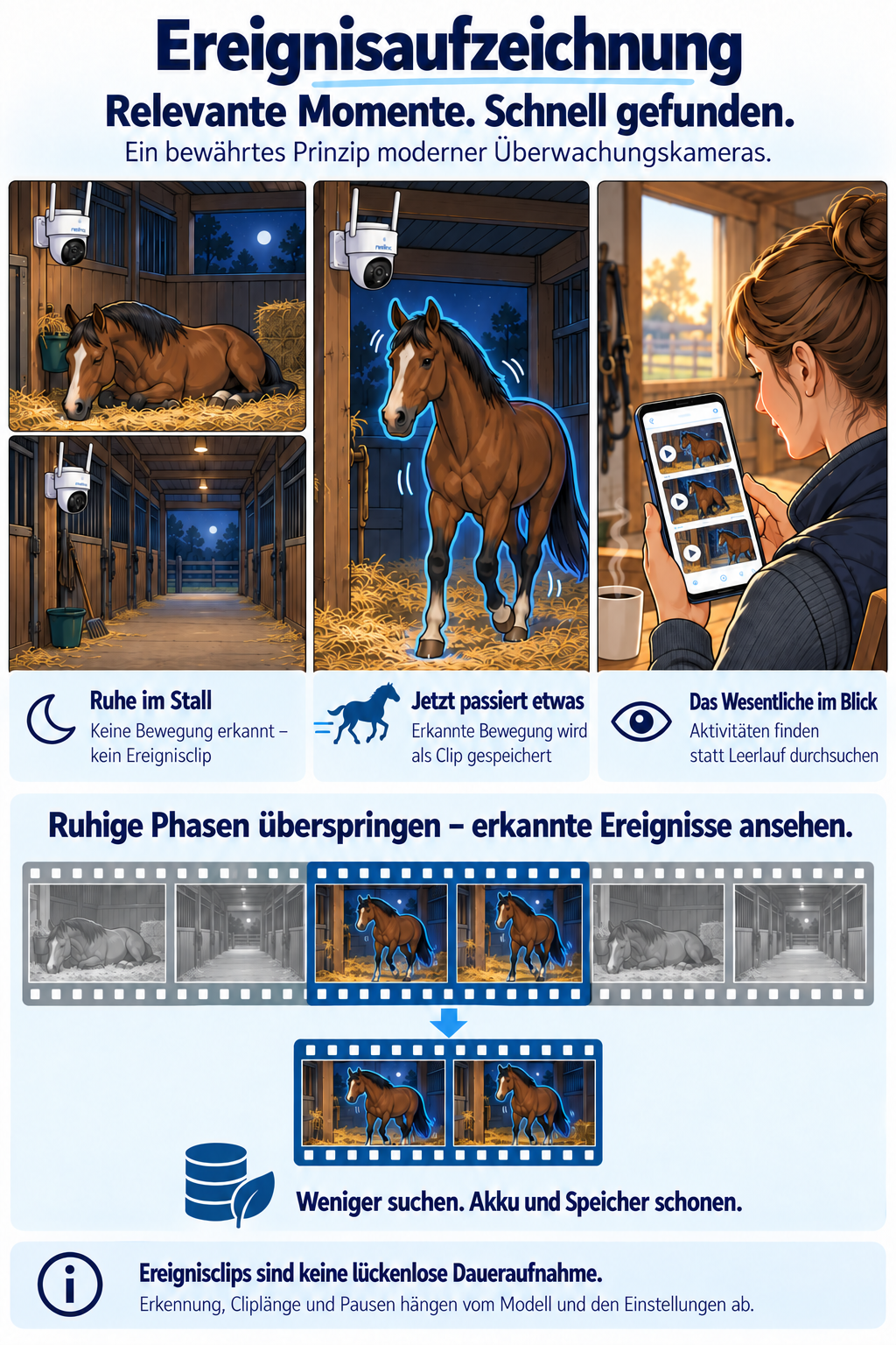 Ereignisaufzeichnung erklärt: Ein ruhendes Pferd und ein leerer Stallbereich ohne erkannte Bewegung; bei erkannter Aktivität entsteht ein Ereignisclip. Relevante Momente schnell finden statt ruhige Phasen durchsuchen.