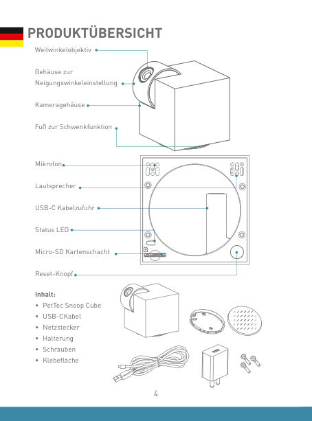 Snoop Cube / Cam 360°: Originalzeichnung der Unterseite mit USB-C-Kabelzufuhr, Micro-SD-Kartenschacht und Reset-Knopf