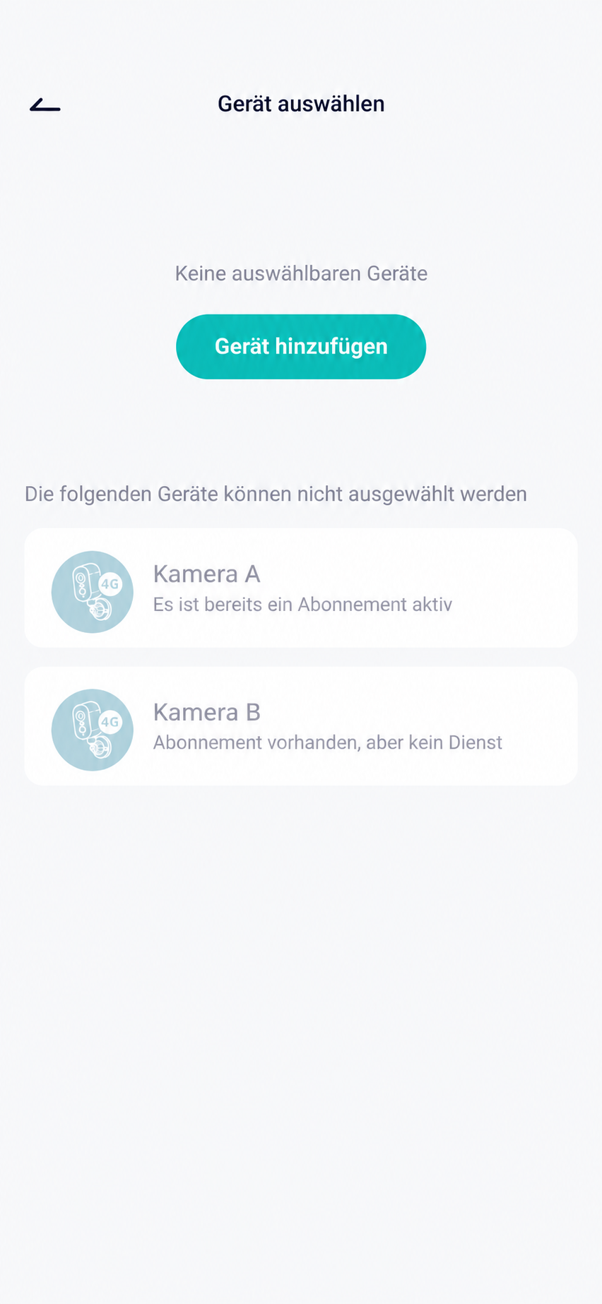 Beispielansicht mit neutralisierten Kameranamen: Kamera A zeigt ein aktives Abonnement, Kamera B zeigt Abonnement vorhanden, aber kein Dienst.